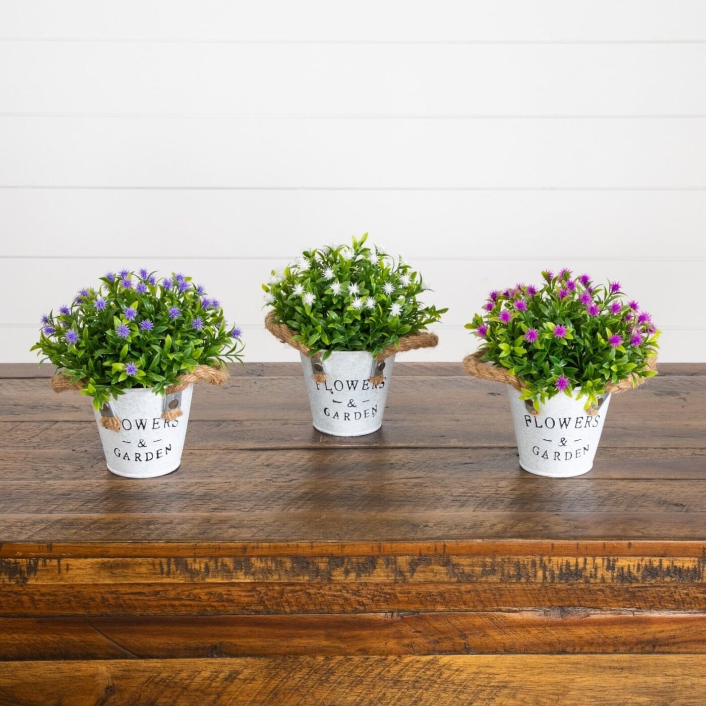 8" Artificial Flowering Plant in Rustic Flowers & Garden Planter -Set of 3