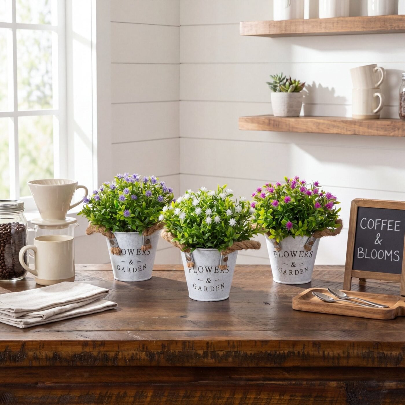 8" Artificial Flowering Plant in Rustic Flowers & Garden Planter -Set of 3
