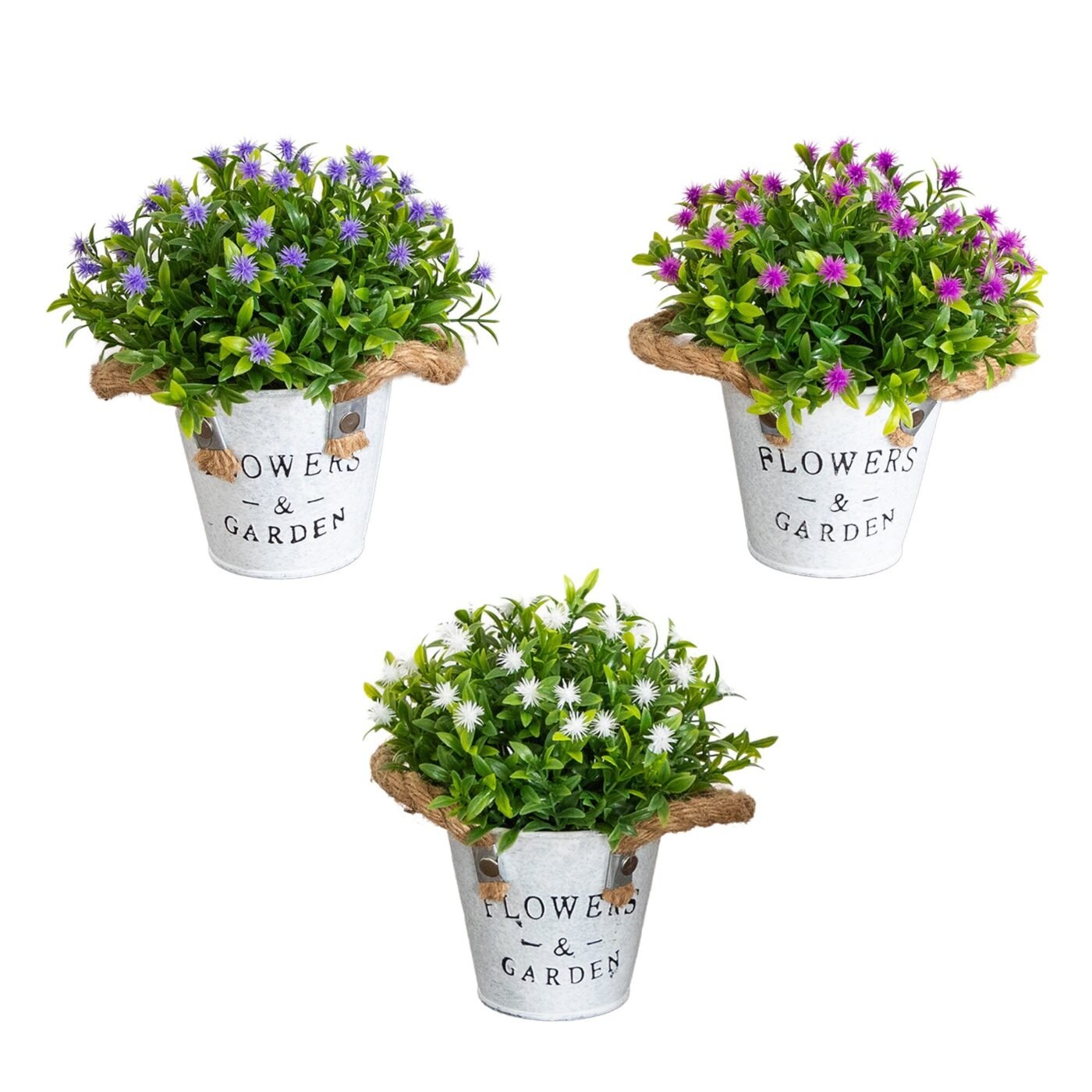 8" Artificial Flowering Plant in Rustic Flowers & Garden Planter -Set of 3