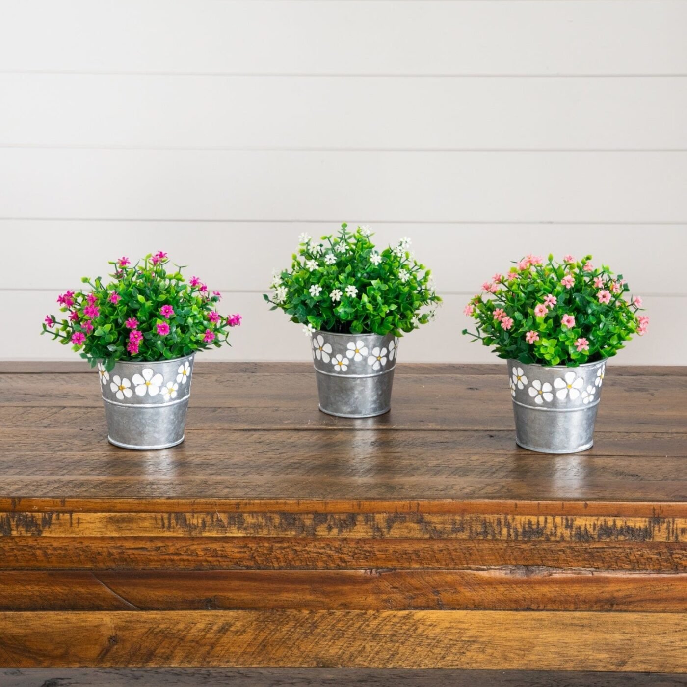 7" Artificial Flowering Mini Daisy Plant in Decorative Daisy Tin Planter -Set of 3