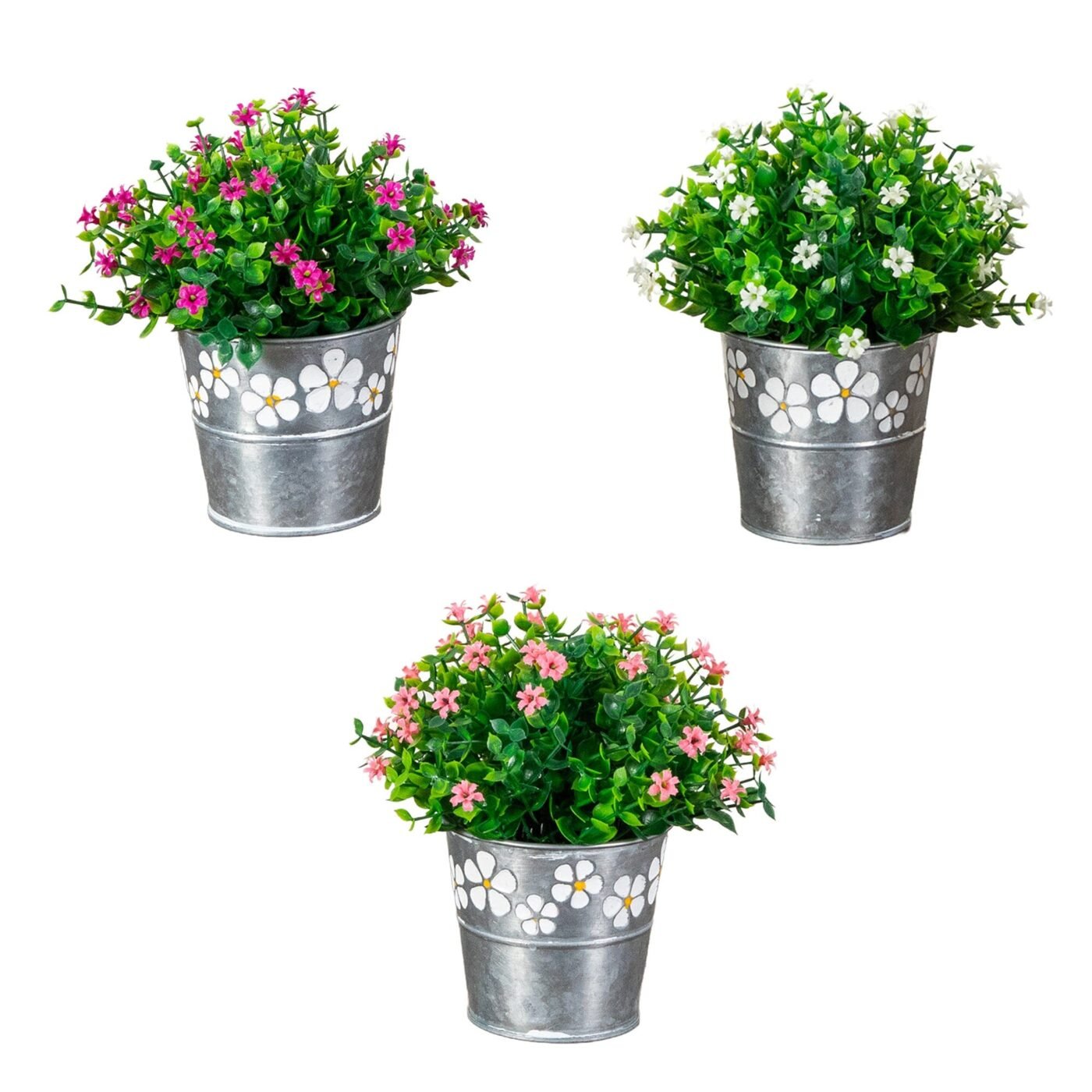 7" Artificial Flowering Mini Daisy Plant in Decorative Daisy Tin Planter -Set of 3