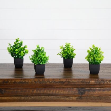 7" Artificial Assorted Green Plant in Black Square Pot - Set of 4