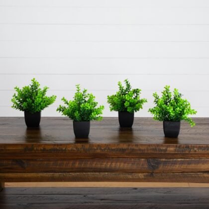 8" Artificial Boxwood Plant in Black Square Pot - Set of 4
