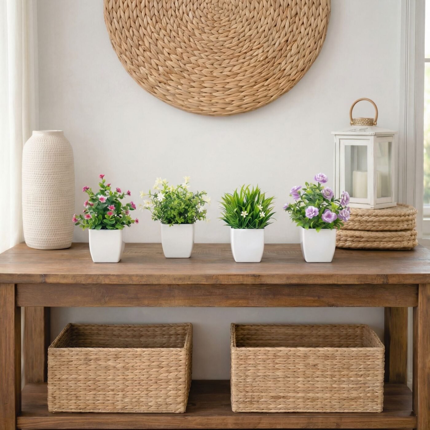 7" Artificial Mini Flowering Potted Plants - Set of 4