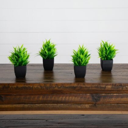 7" Artificial Grass Plant in Black Square Pot - Set of 4