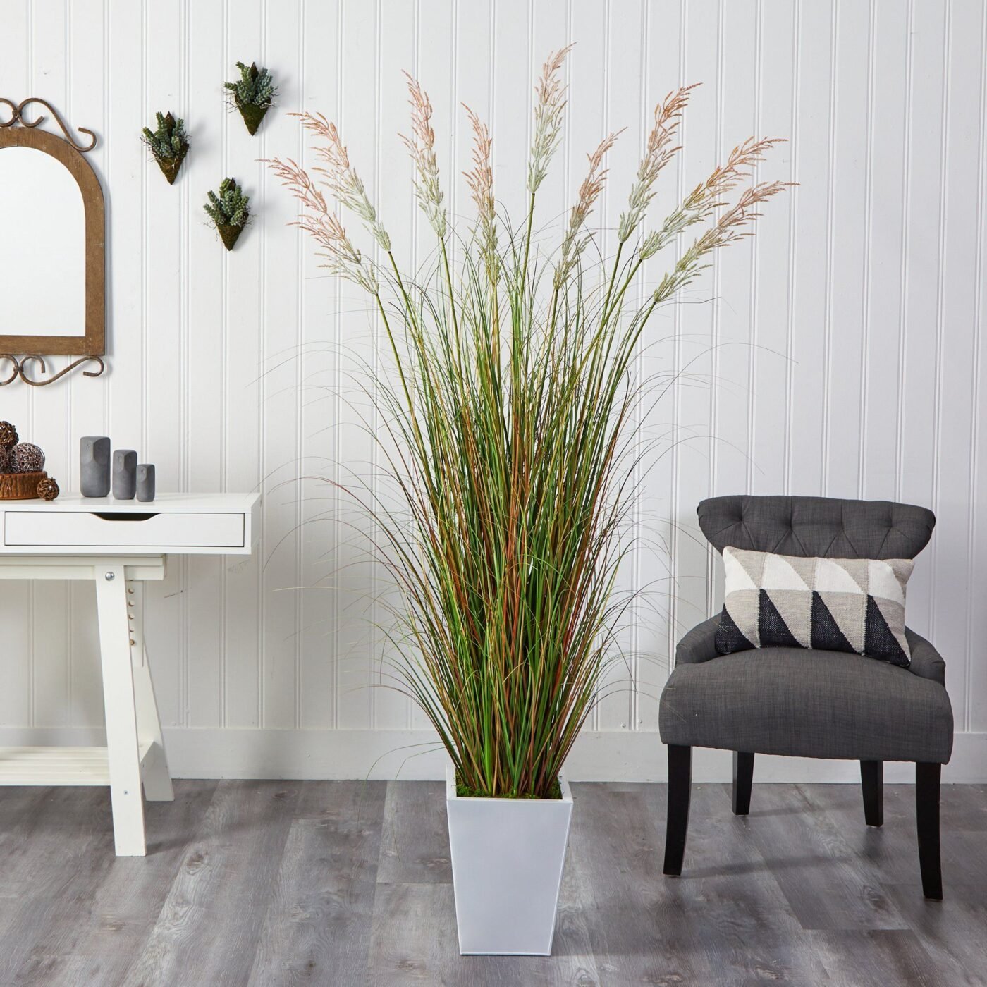 74" Grass Artificial Plant in White Metal Planter