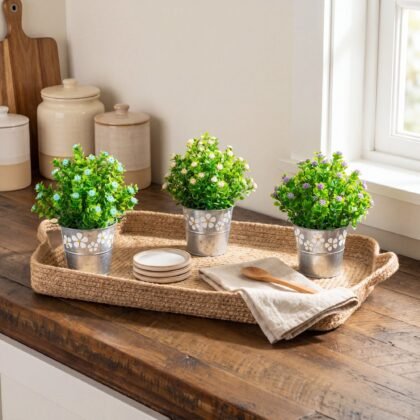 8" Artificial Flowering Plant in Decorative Daisy Tin Planter -Set of 3