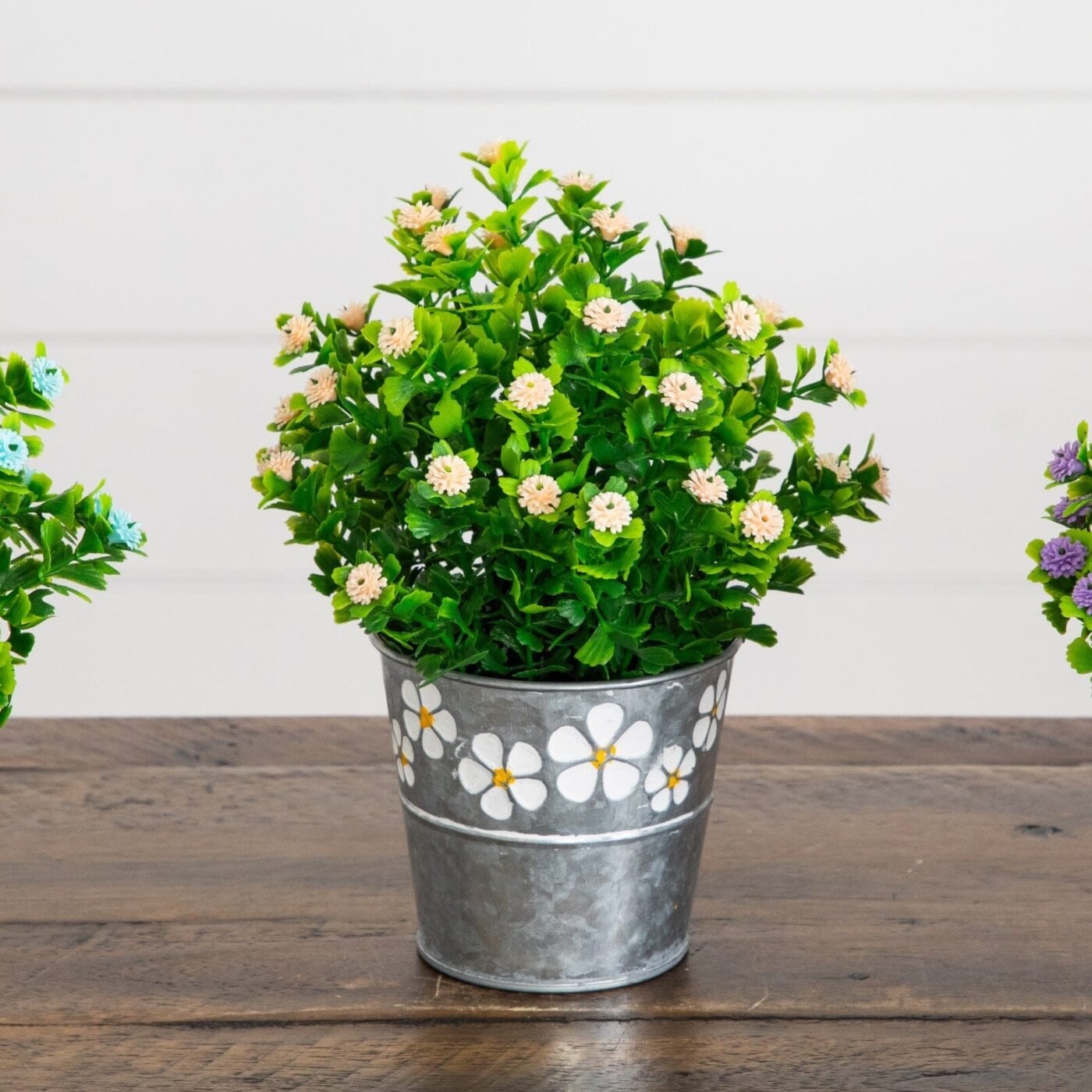 8" Artificial Flowering Plant in Decorative Daisy Tin Planter -Set of 3