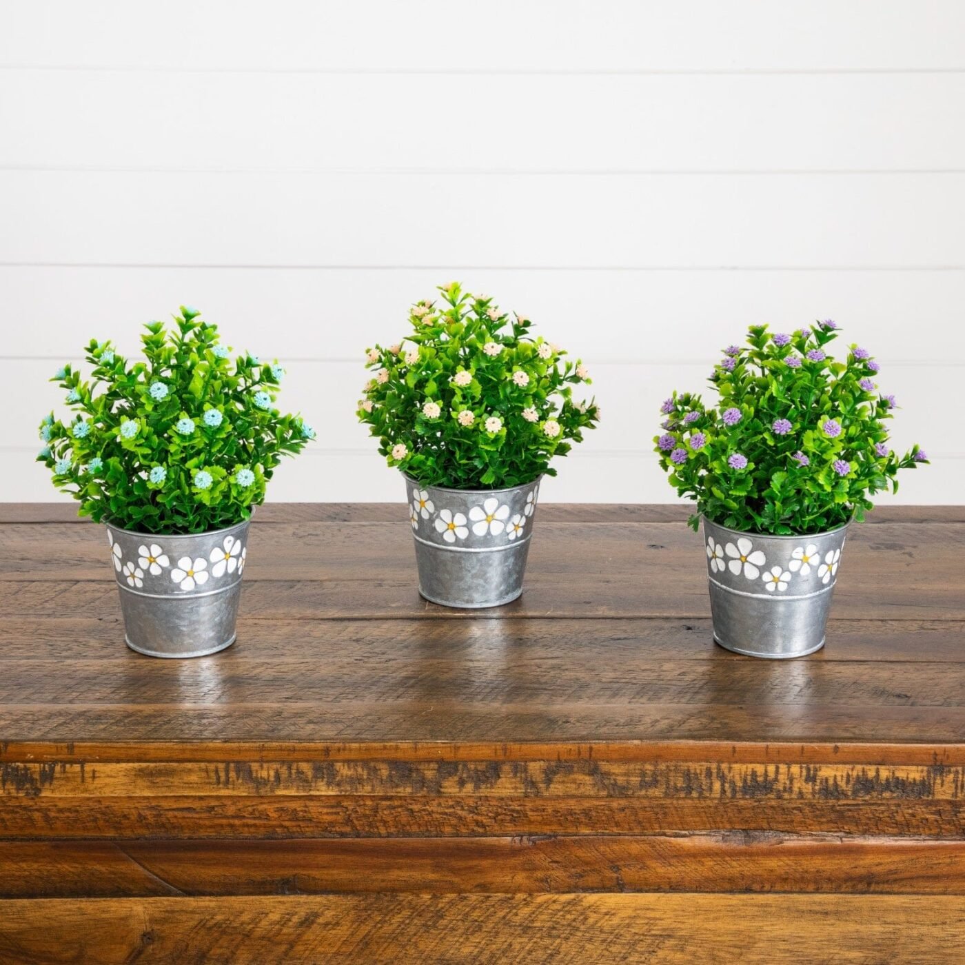 8" Artificial Flowering Plant in Decorative Daisy Tin Planter -Set of 3