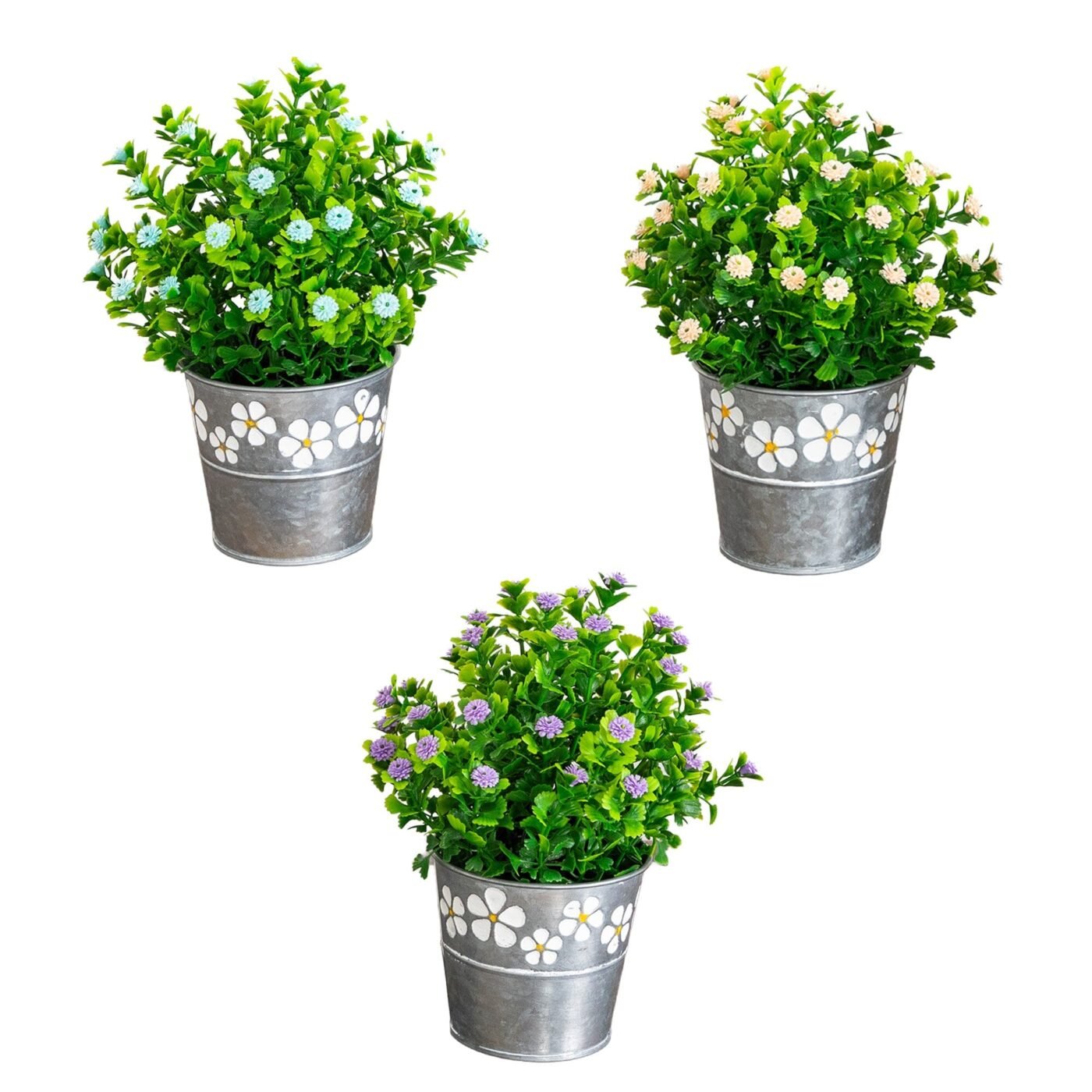 8" Artificial Flowering Plant in Decorative Daisy Tin Planter -Set of 3