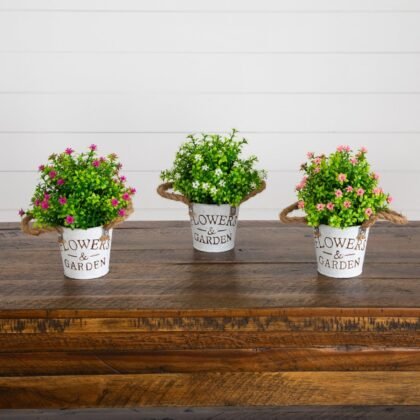 8" Artificial Flowering Mini Daisy Plant in Rustic Flowers & Garden Planter -Set of 3