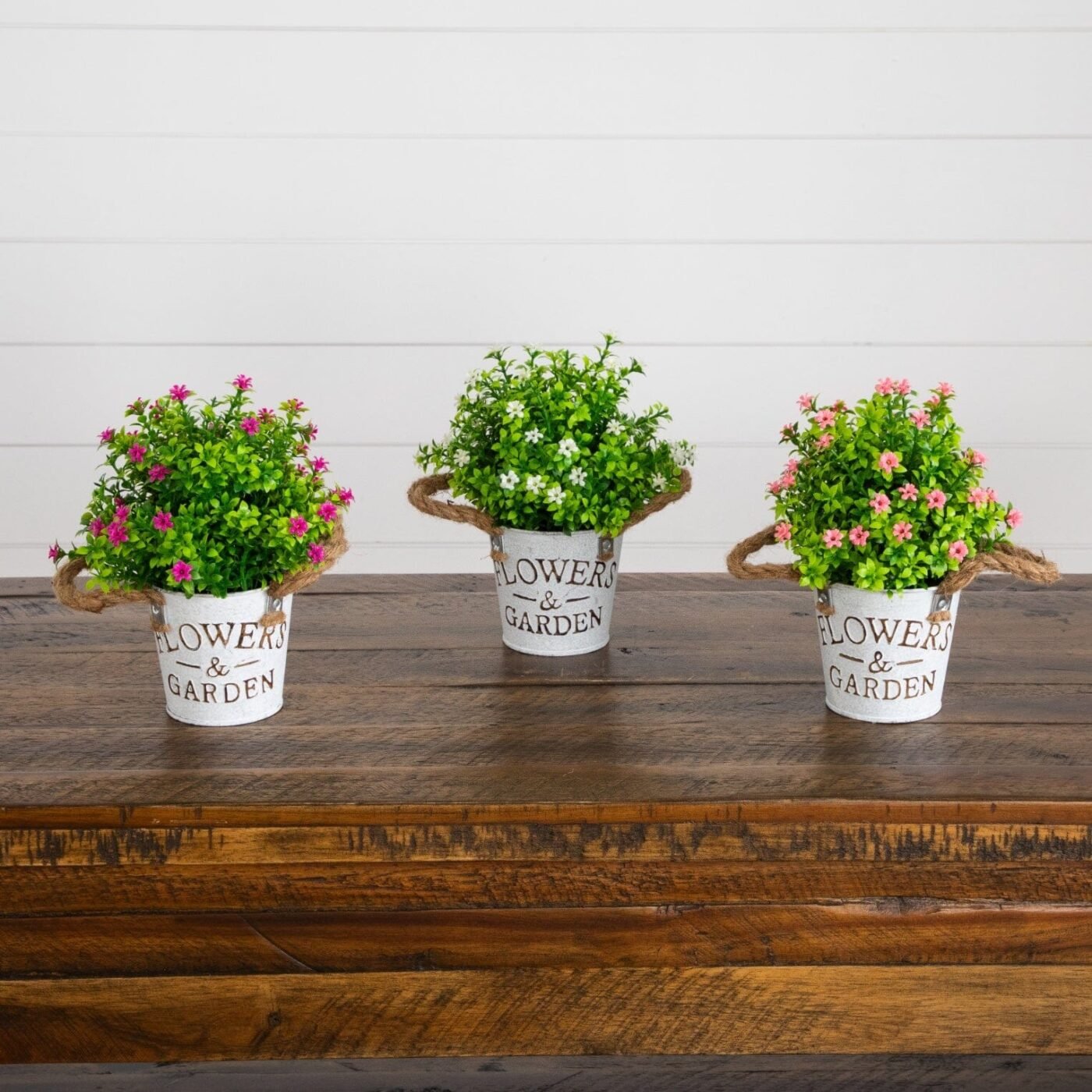 8" Artificial Flowering Mini Daisy Plant in Rustic Flowers & Garden Planter -Set of 3