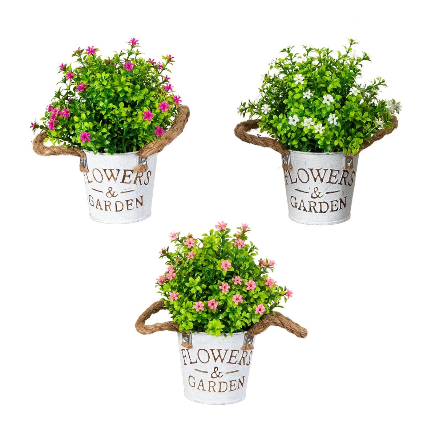 8" Artificial Flowering Mini Daisy Plant in Rustic Flowers & Garden Planter -Set of 3