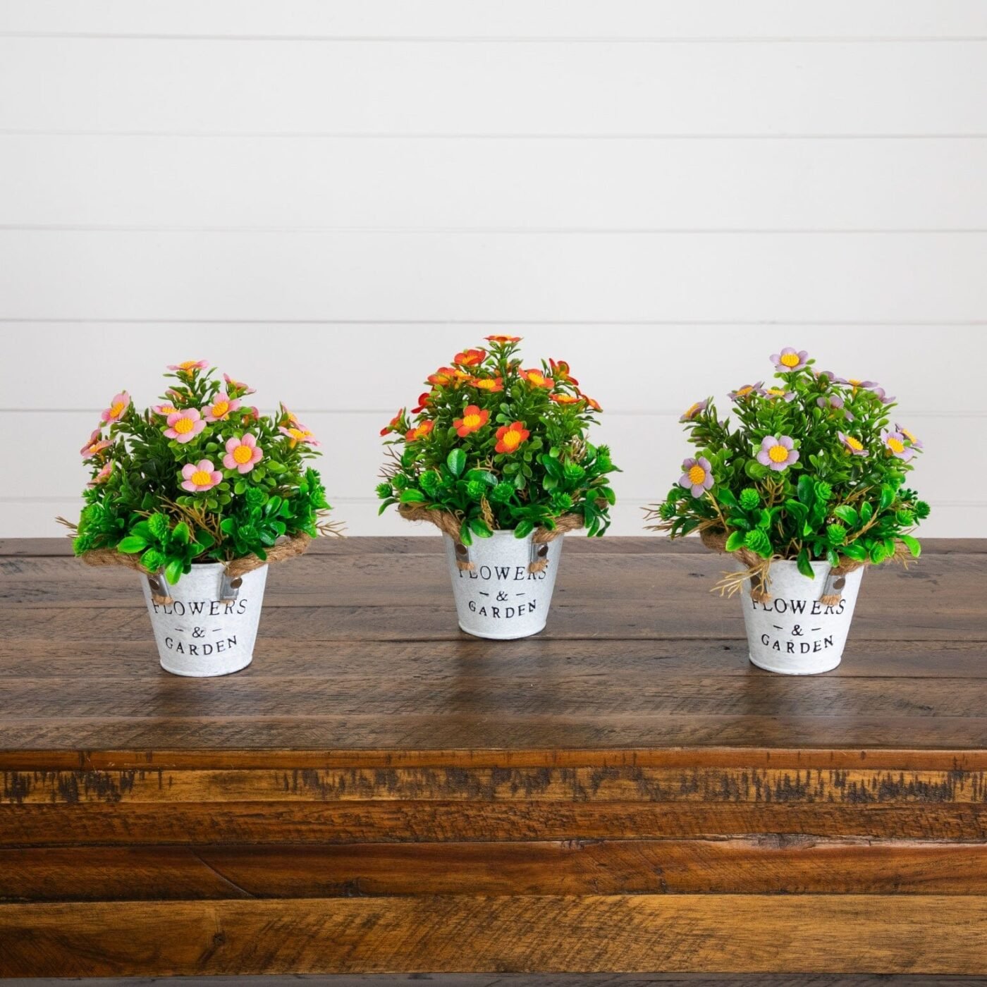 8" Artificial Daisy Plant in Rustic Flowers & Garden Planter -Set of 3