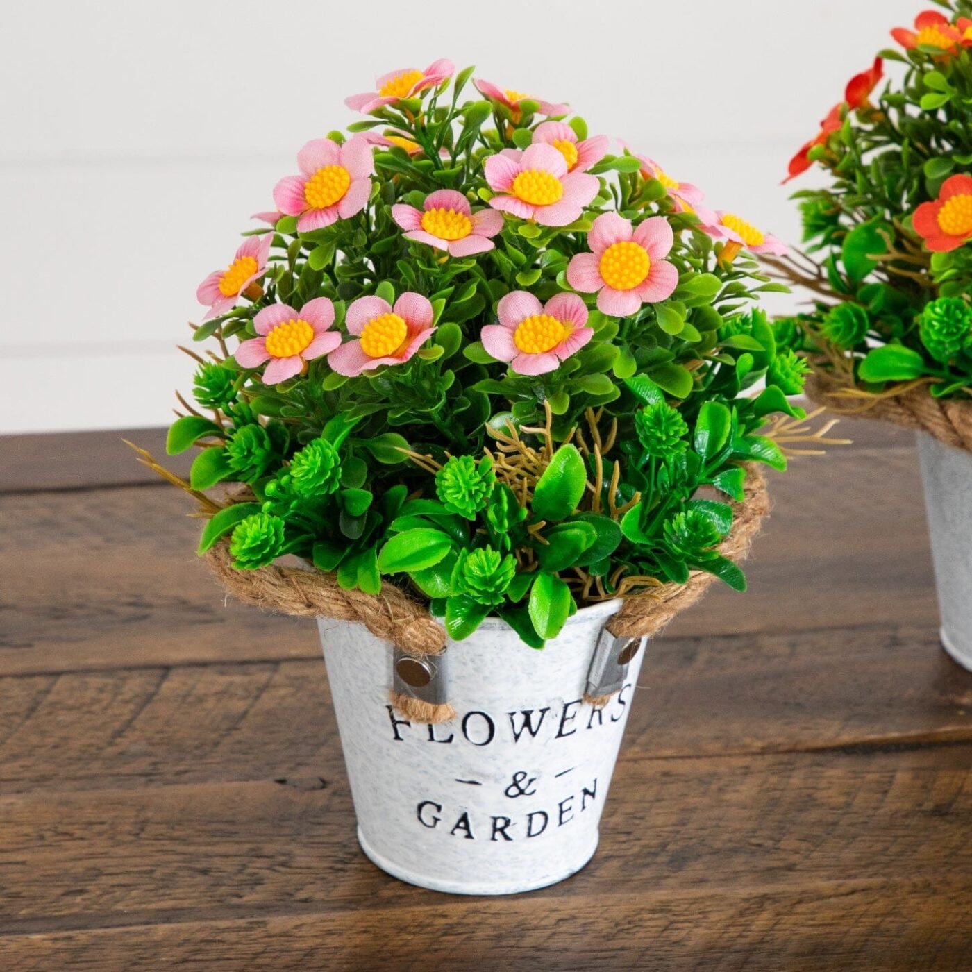 8" Artificial Daisy Plant in Rustic Flowers & Garden Planter -Set of 3