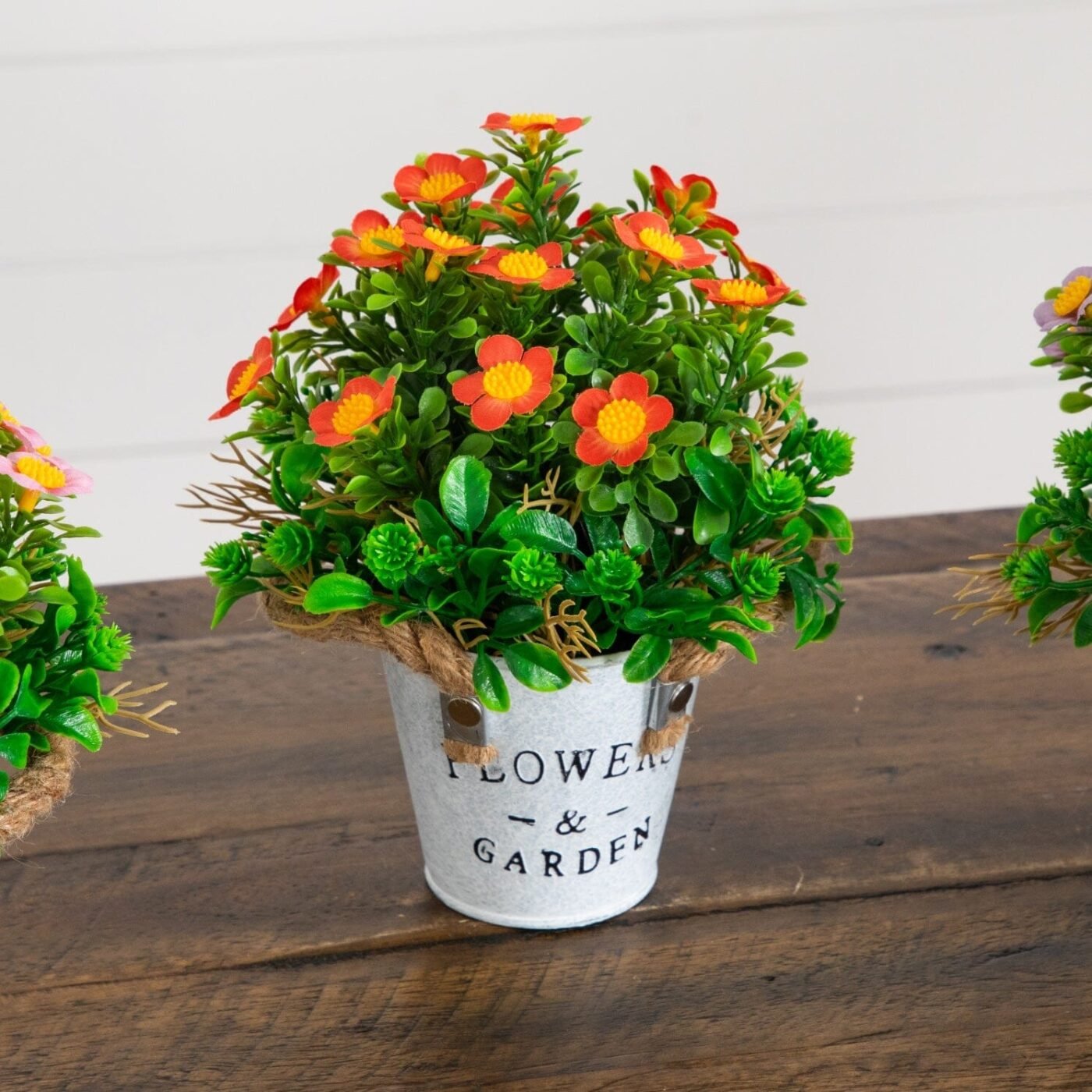 8" Artificial Daisy Plant in Rustic Flowers & Garden Planter -Set of 3