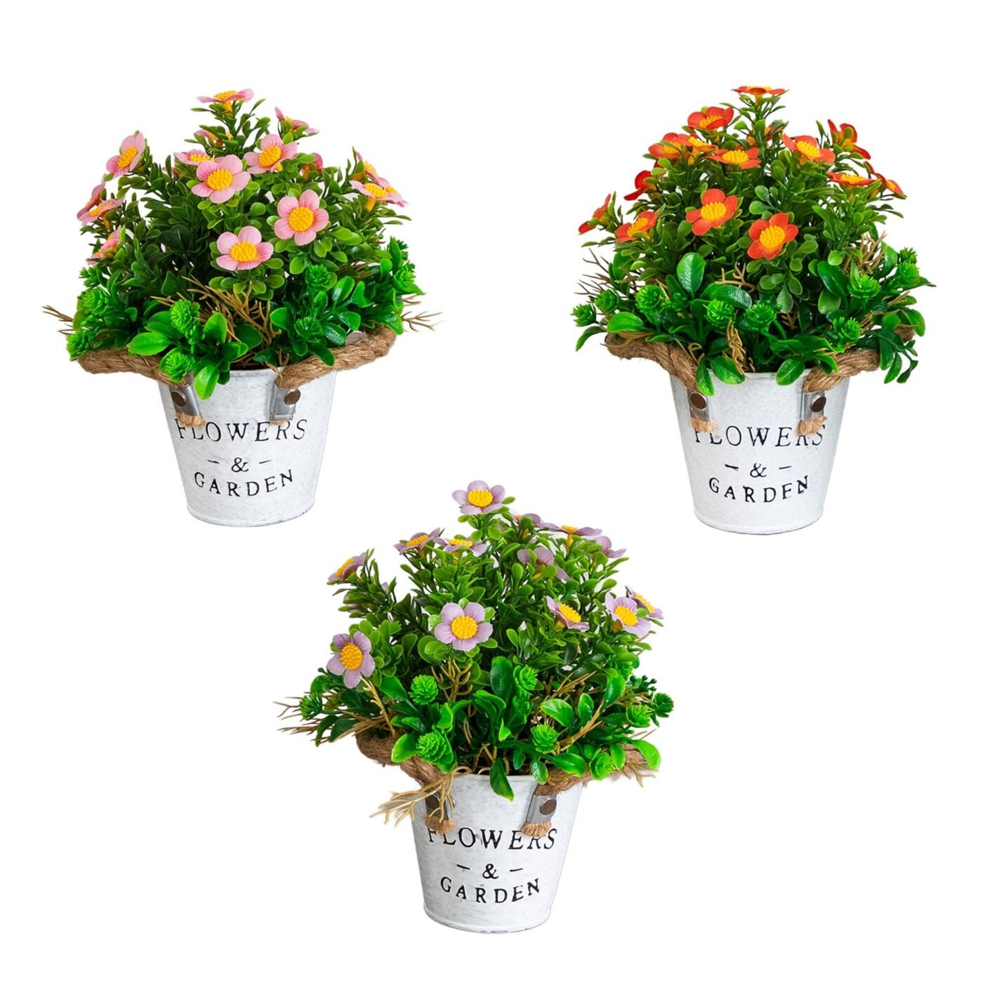 8" Artificial Daisy Plant in Rustic Flowers & Garden Planter -Set of 3