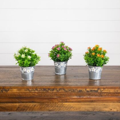 8" Artificial Daisy Plant in Decorative Daisy Tin Planter -Set of 3