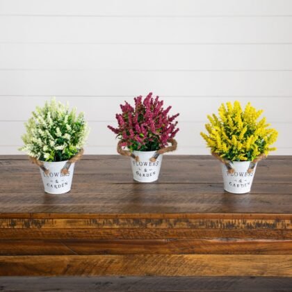 8" Artificial Lavender Plant in Rustic Flowers & Garden Planter -Set of 3