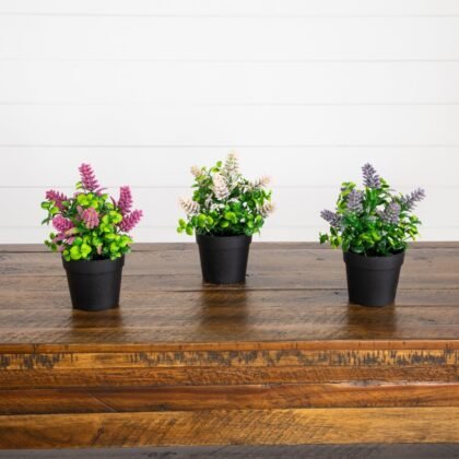 8" Artificial Flowering Arrangement in Black Pot - Set of 3