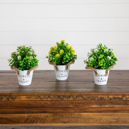 8" Artificial Blooming Plant in Rustic Flowers & Garden Planter -Set of 3