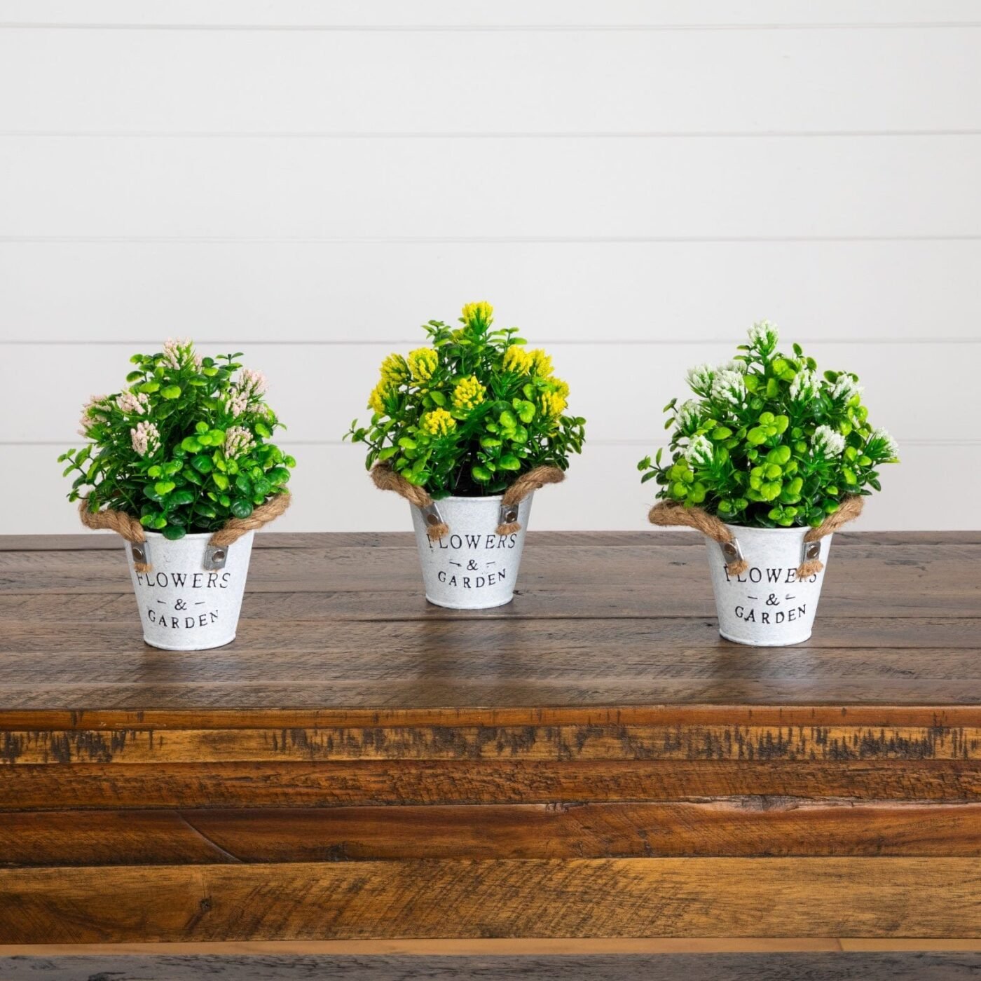 8" Artificial Blooming Plant in Rustic Flowers & Garden Planter -Set of 3