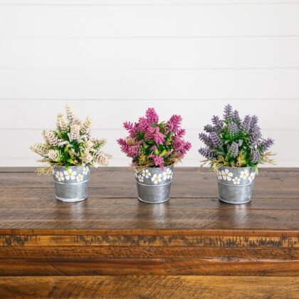8" Artificial Lush Mixed Lavender Plant in Decorative Daisy Tin Planter -Set of 3