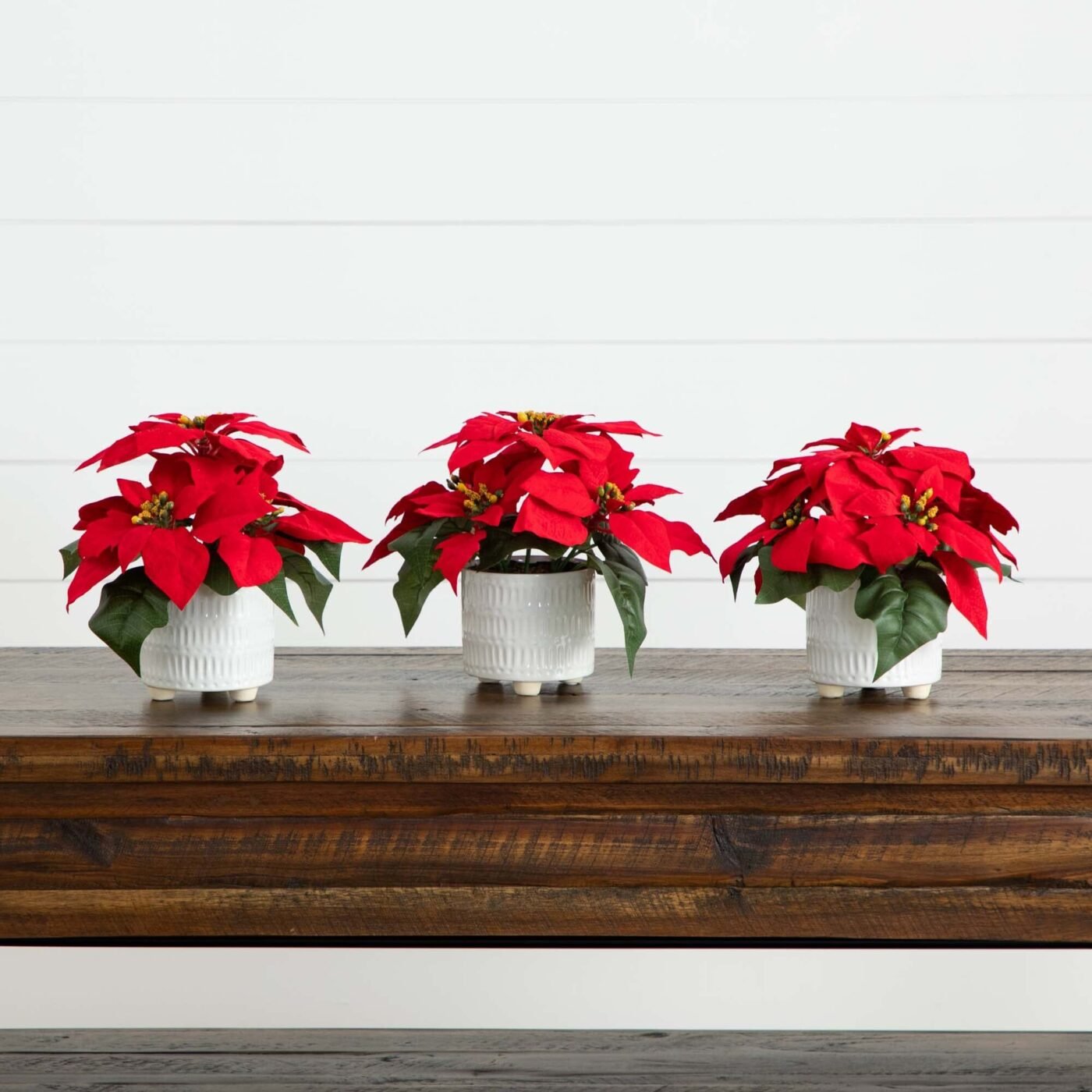 9" Artificial Poinsettia Arrangements in White Ceramic Pots - Set of 3