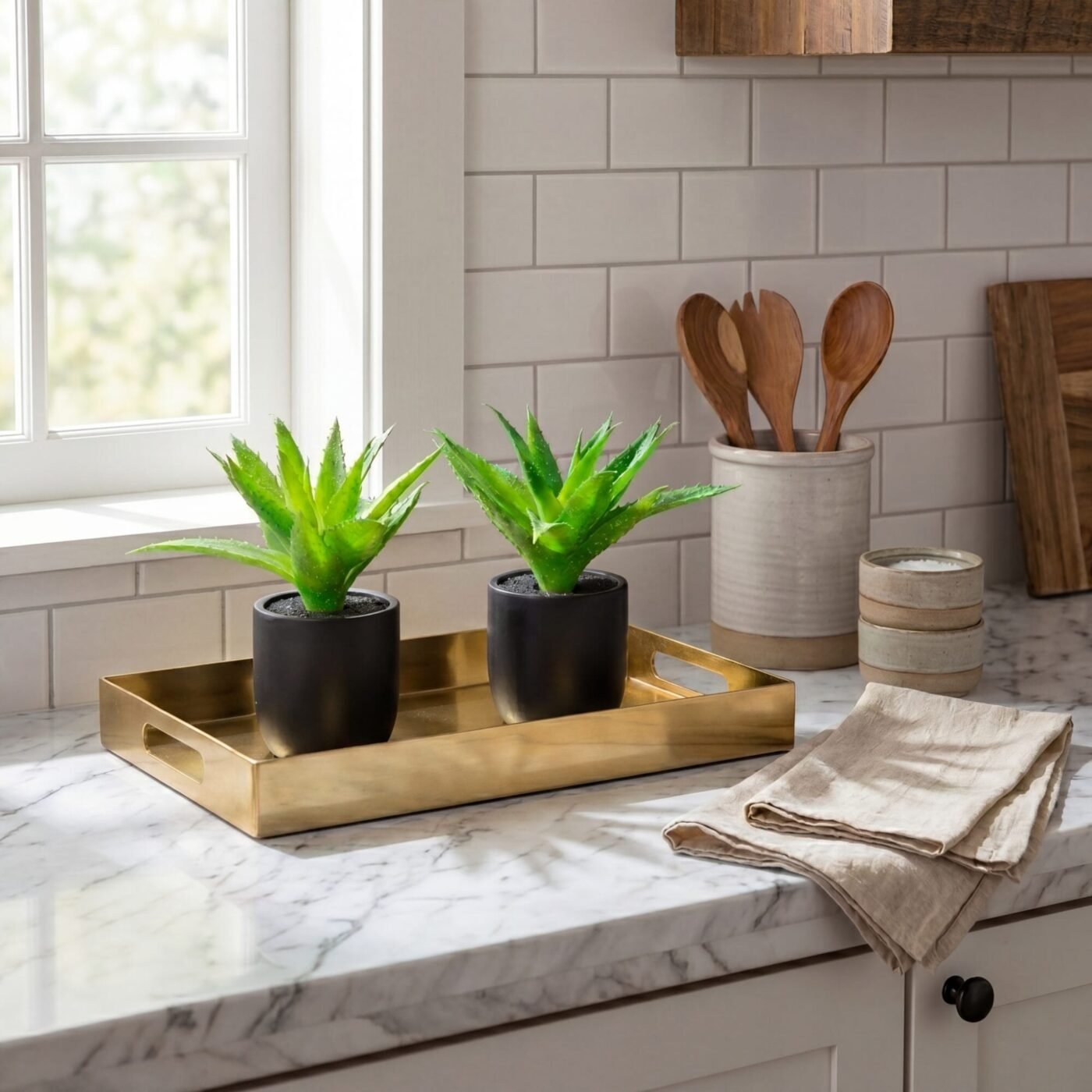 9" Artificial Mini Agave Plant in Ceramic Black Planter - Set of 2