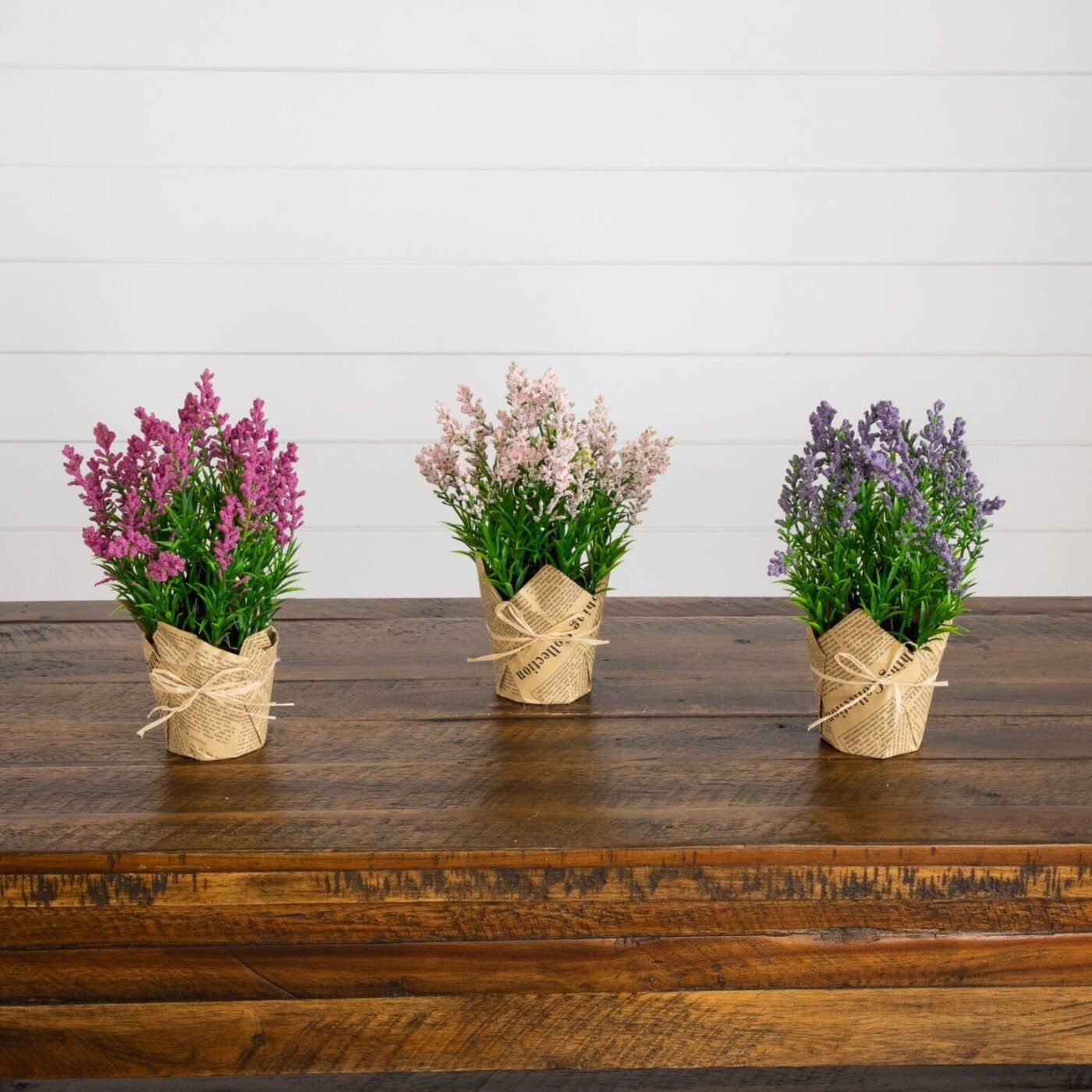 9" Artificial Mixed Lavender Arrangement in Newspaper Wrapped Pot -Set of 3