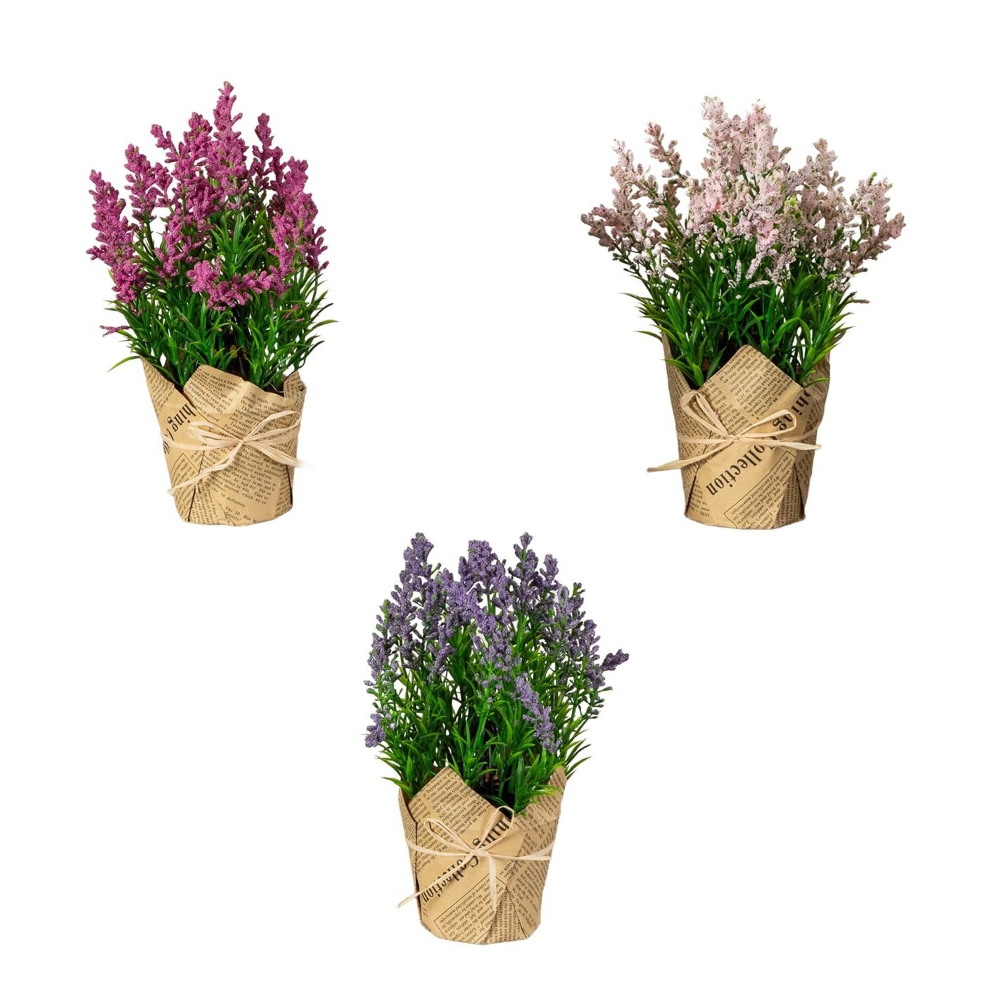 9" Artificial Mixed Lavender Arrangement in Newspaper Wrapped Pot -Set of 3