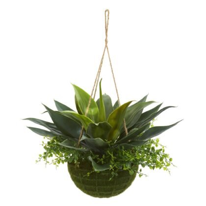 13" Agave and Maiden Hair Artificial Plant in Hanging Basket (Indoor + Outdoor)