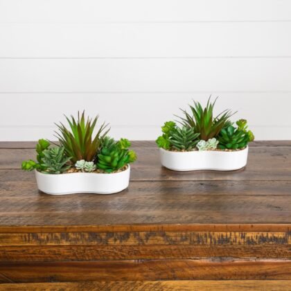 5" Artificial Succulent Garden in Ceramic White Planter -Set of 2