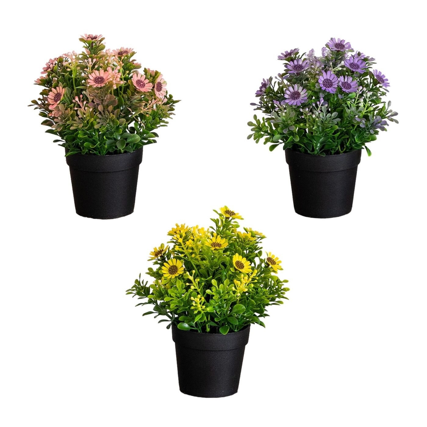 8" Artificial Flowering Daisy in Black Pot - Set of 3